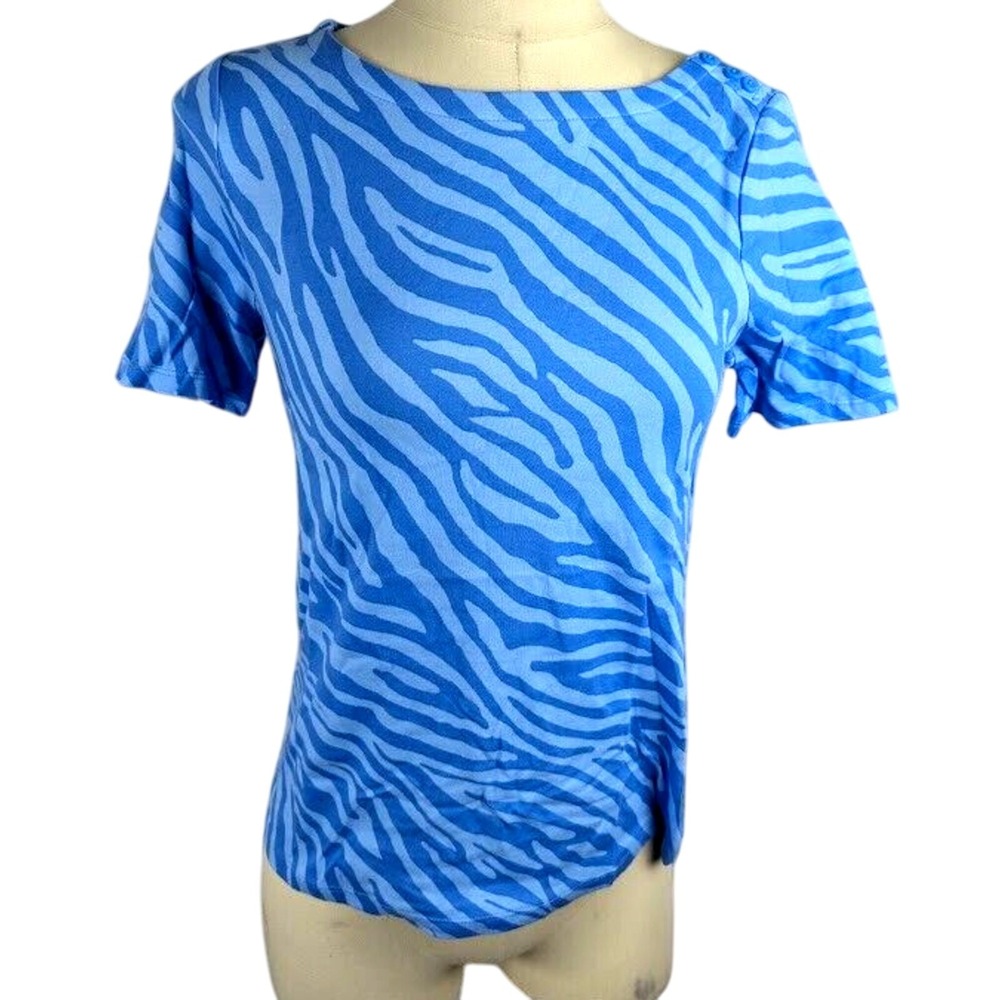 Charter Club Cotton Zebra Print Boat-Neck T-Shirt Blue Size XS
